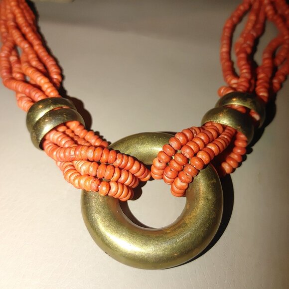 Orange Native Necklace Vintage 6 Multi Strand Glass Coral Brass Circular Pendan - Picture 10 of 11